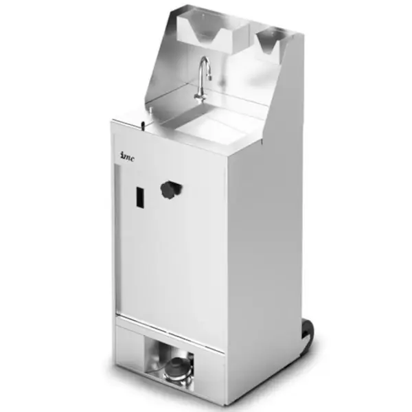 Mobiele Handwastafel | RVS | Schoon-/Vuilwaterreservoirs (2x 20L) | Voetbediening | Incl. Afvalvak + Zeep-/Papierdispensers | Wielen | 543x515x1220(h)mm