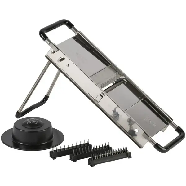 Mandoline | De CHEF | RVS | Schijfjes (2-10mm), Juliënne (2mm), Allumetes (4mm) | Friet (7-10mm) | 385x115(h)mm