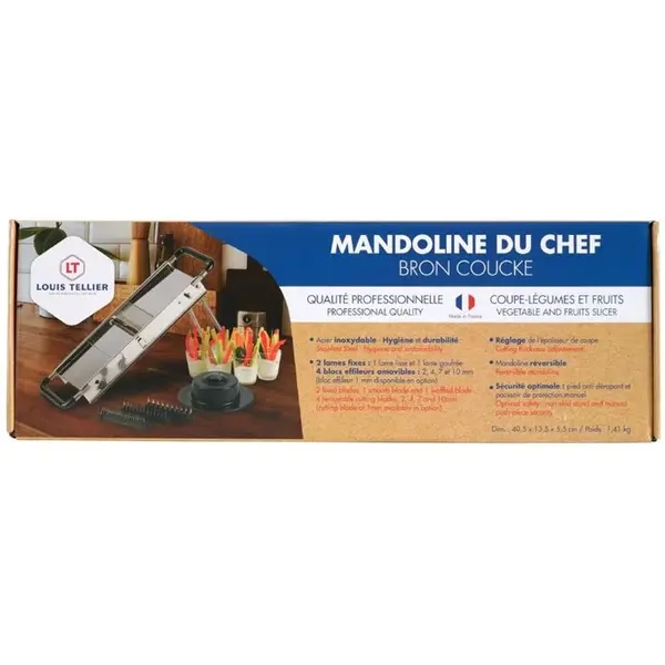 Mandoline | De CHEF | RVS | Schijfjes (2-10mm), Juliënne (2mm), Allumetes (4mm) | Friet (7-10mm) | 385x115(h)mm