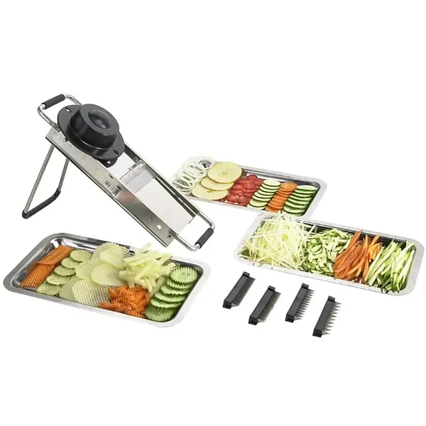 Mandoline | De CHEF | RVS | Schijfjes (2-10mm), Juliënne (2mm), Allumetes (4mm) | Friet (7-10mm) | 385x115(h)mm