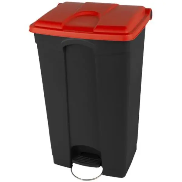 Pedaalemmer | Kunststof | Donkergrijs/Rood | 90L | Klapdeksel | Afvalscheiding | HACCP | Wielen | 500x412x820(h)mm