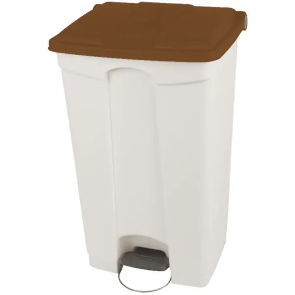 Pedaalemmer | Kunststof | Wit/Bruin | 90L | Klapdeksel | Afvalscheiding | HACCP | Wielen | 500x412x820(h)mm
