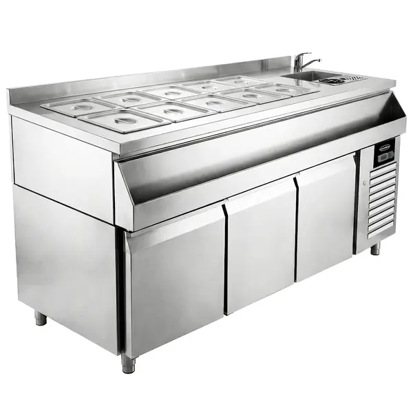 Bar-/Cocktailstation (Gekoeld) | 188L | 3 Deuren | +2°C/+8°C | Geforceerd | Spoelbak + IJs-/Ingrediëntenbak (14x 1/4 GN) + Flessenrek | 1795x718x955(h)mm