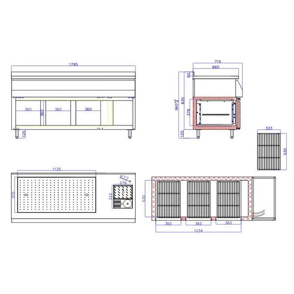 Bar-/Cocktailstation (Gekoeld) | 188L | 3 Deuren | +2°C/+8°C | Geforceerd | Spoelbak + IJs-/Ingrediëntenbak (14x 1/4 GN) + Flessenrek | 1795x718x955(h)mm