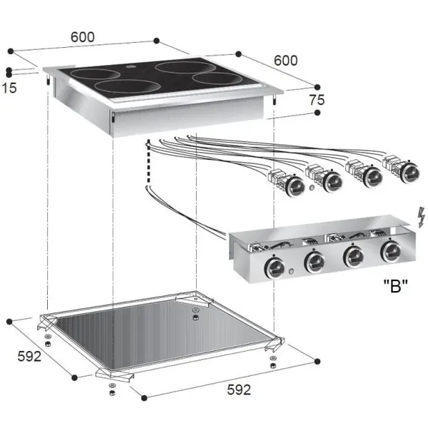 Glaskeramisch Inbouwfornuis | DROP-IN | 4 Kookpunten (Ø145/180/240) | 7.8kW (400V) | 600x600x260(h)mm