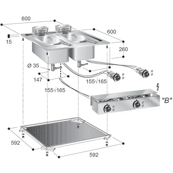Inbouwfriteuse | DROP-IN | Elektrisch | 10+10L | 11kW (400V) | Aftapkranen | 600x600x356(h)mm
