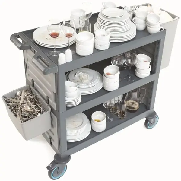 Afruimwagen | Kunststof | 2 Niveaus | Incl. Afvalemmer/Bestekemmer | Wielen (Geremd) | 1400x530x990(h)mm