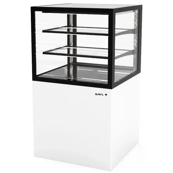 Neutrale Vitrine | INTEGRA | Wit/Zwart | 3 Niveaus | Wielen (Geremd) | 600x600x1100(h)mm