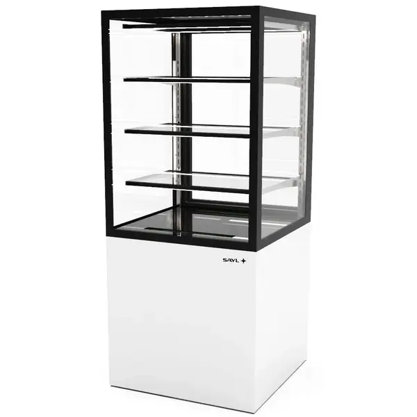 Neutrale Vitrine | INTEGRA | Wit/Zwart | 4 Niveaus | Wielen (Geremd) | 600x600x1400(h)mm