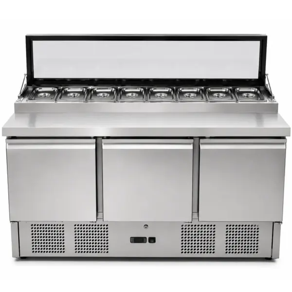 Saladette | 368L | 3 Deuren (1/1 GN) | Boven 7x 1/4 GN | +2°C/+8°C | Statisch + Ventilator | Klapdeksel | 1370x700x1001(h)mm