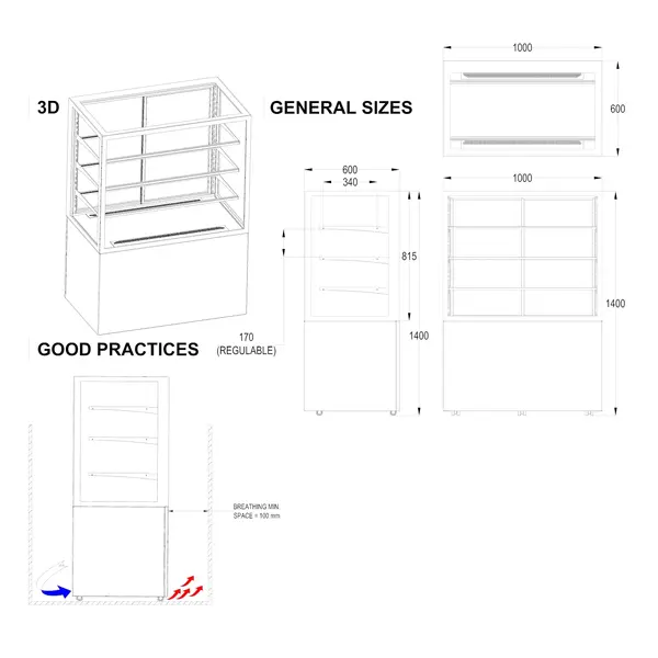 Neutrale Vitrine | INTEGRA | Zwart | 4 Niveaus | Wielen (Geremd) | 1000x600x1400(h)mm