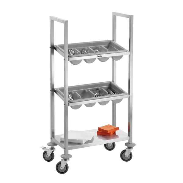 Bestekwagen | TBST200 | 1 Plank, 2 Bestekdozen, 4 Vakken | Draagvermogen 60kg | RVS | 4 Zwenkwielen Ø80mm, 2 Met Rem | Plank 590x310mm