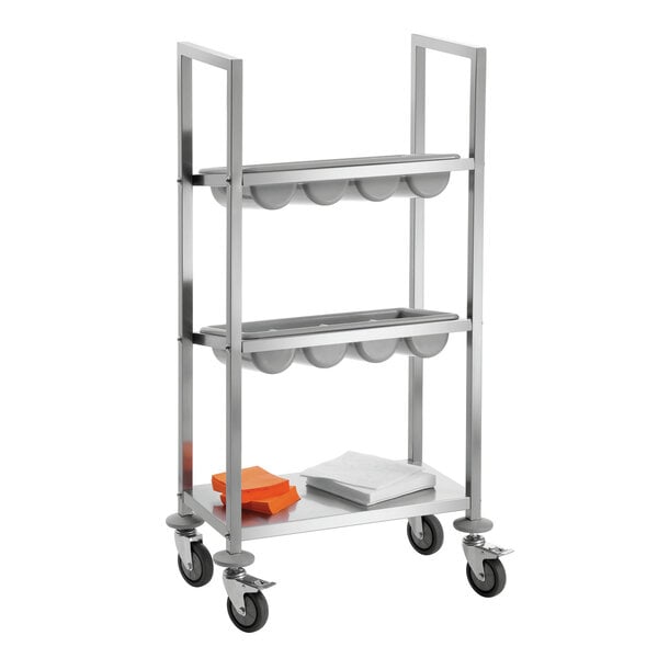Bestekwagen | TBST200 | 1 Plank, 2 Bestekdozen, 4 Vakken | Draagvermogen 60kg | RVS | 4 Zwenkwielen Ø80mm, 2 Met Rem | Plank 590x310mm
