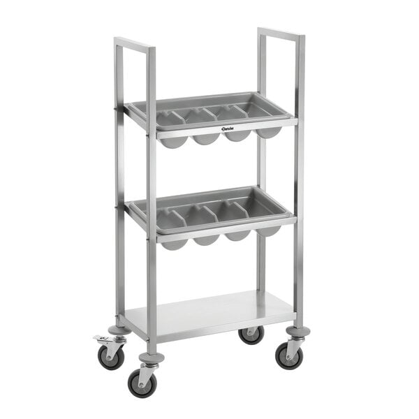 Bestekwagen | TBST200 | 1 Plank, 2 Bestekdozen, 4 Vakken | Draagvermogen 60kg | RVS | 4 Zwenkwielen Ø80mm, 2 Met Rem | Plank 590x310mm