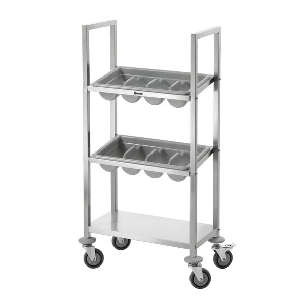 Bestekwagen | TBST200 | 1 Plank, 2 Bestekdozen, 4 Vakken | Draagvermogen 60kg | RVS | 4 Zwenkwielen Ø80mm, 2 Met Rem | Plank 590x310mm