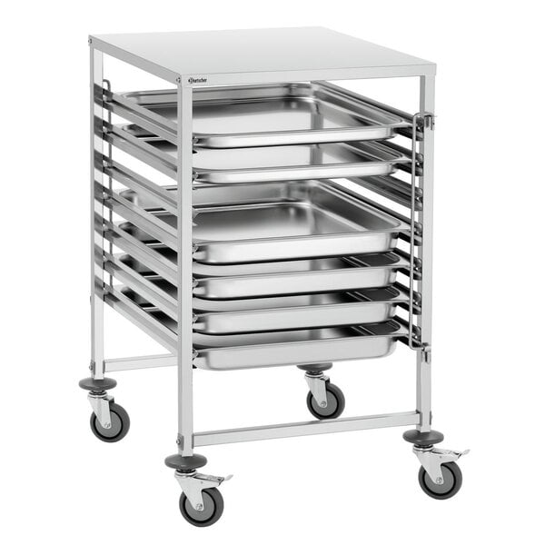 GN-Afruimwagen | 2/1 GN | 7 Inschuifvakken | 80mm Tussenruimte | Aan Beide Kanten Vulbaar | Draagvermogen 90kg | Legvlak 18kg | 4 Zwenkwielen, 2 Met Rem | RVS