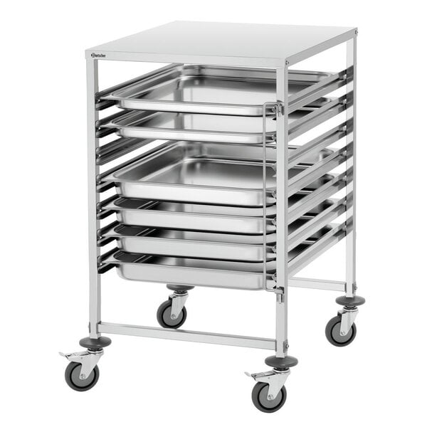 GN-Afruimwagen | 2/1 GN | 7 Inschuifvakken | 80mm Tussenruimte | Aan Beide Kanten Vulbaar | Draagvermogen 90kg | Legvlak 18kg | 4 Zwenkwielen, 2 Met Rem | RVS