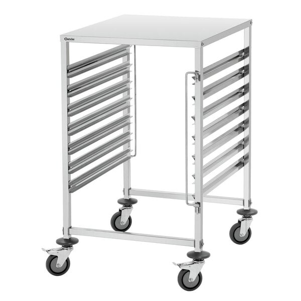 GN-Afruimwagen | 2/1 GN | 7 Inschuifvakken | 80mm Tussenruimte | Aan Beide Kanten Vulbaar | Draagvermogen 90kg | Legvlak 18kg | 4 Zwenkwielen, 2 Met Rem | RVS
