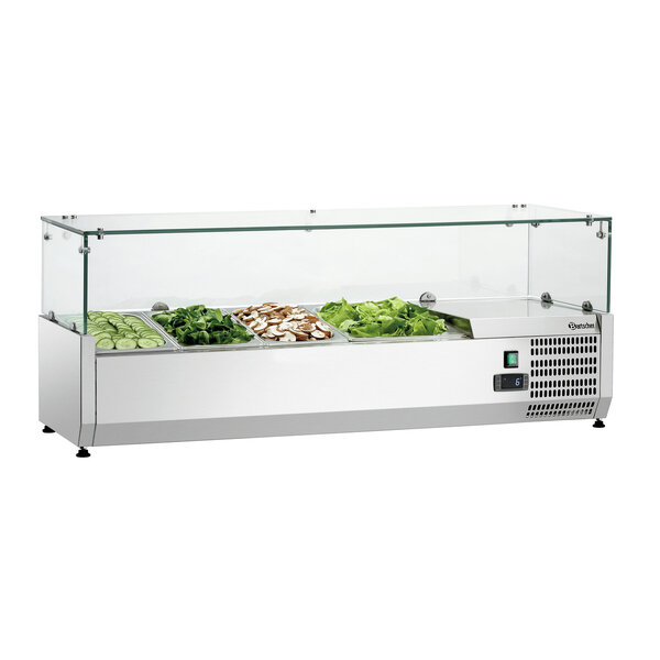 Koelopzetvitrine | GL3-1201 | 3x1/3 GN + 1x1/2 GN, Max. 150mm Diep | 0-10°C | Statische Koeling | R290 | 166W, 230V | Glazen Opzet 1190x390x195mm