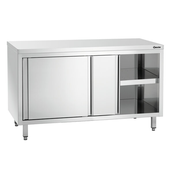 Werkkast | Serie 700 | Schuifdeuren, 2-delige Binnenruimte, Verstelbaar Tussenschap | CNS 18/10, Werkblad 210kg, Tussenschap 140kg | 1400x700x850-900(h)mm