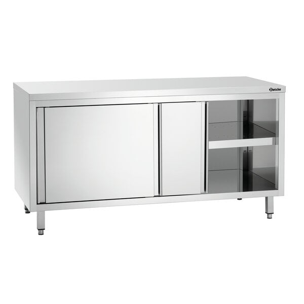 Werkkast | Serie 700 | Schuifdeuren, 2-delige Binnenruimte, Verstelbaar Tussenschap | CNS 18/10, Werkblad 240kg, Tussenschap 160kg | 1600x700x850-900(h)mm