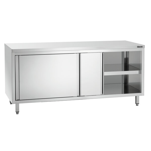 Werkkast | Serie 700 | Schuifdeuren, 2-delige Binnenruimte, Verstelbaar Tussenschap | CNS 18/10, Werkblad 223kg, Tussenschap 77kg | 1800x700x850-900(h)mm