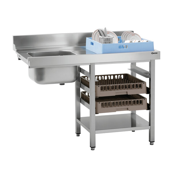 Aanvoertafel | DS-RE1B SKE | Spoelbak 40L | 3 Spoelkorfinvoeren | Links Geplaatste Spoelbak | Rechtszijdige Vaatwassermontage | RVS | In Hoogte Verstelbaar 860-930mm