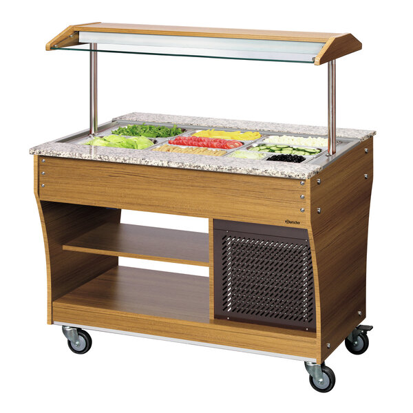 Koude Buffetwagen | 3x1/1 GN | Statische Koeling, 2-10°C | Teakhouten Behuizing, Granieten Werkblad, Hoestscherm | 0.236kW, 230V