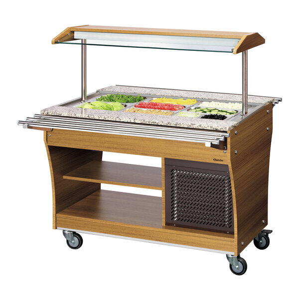 Koude Buffetwagen | 3x1/1 GN | Statische Koeling, 2-10°C | Teakhouten Behuizing, Granieten Werkblad, Hoestscherm | 0.236kW, 230V