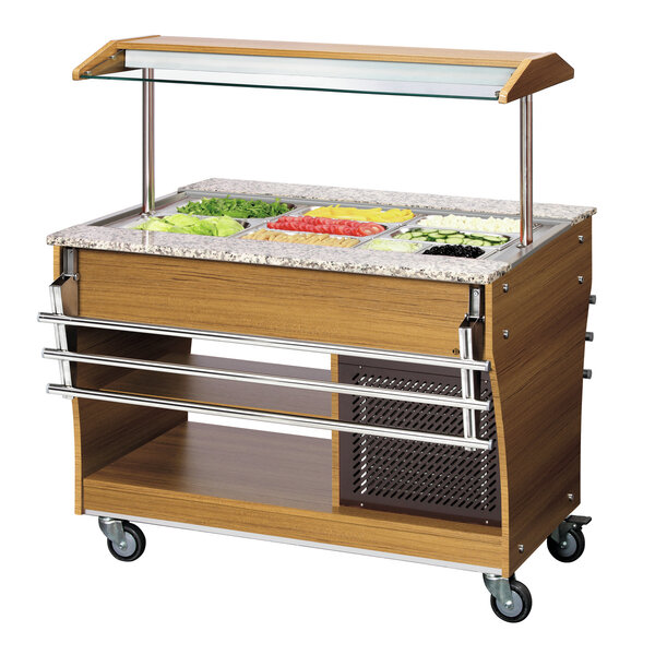 Koude Buffetwagen | 3x1/1 GN | Statische Koeling, 2-10°C | Teakhouten Behuizing, Granieten Werkblad, Hoestscherm | 0.236kW, 230V