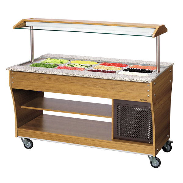 Koude Buffetwagen | 4x1/1 GN | 2-10°C | Statische Koeling | 507W | 230V | Teakhout Met Granieten Werkblad