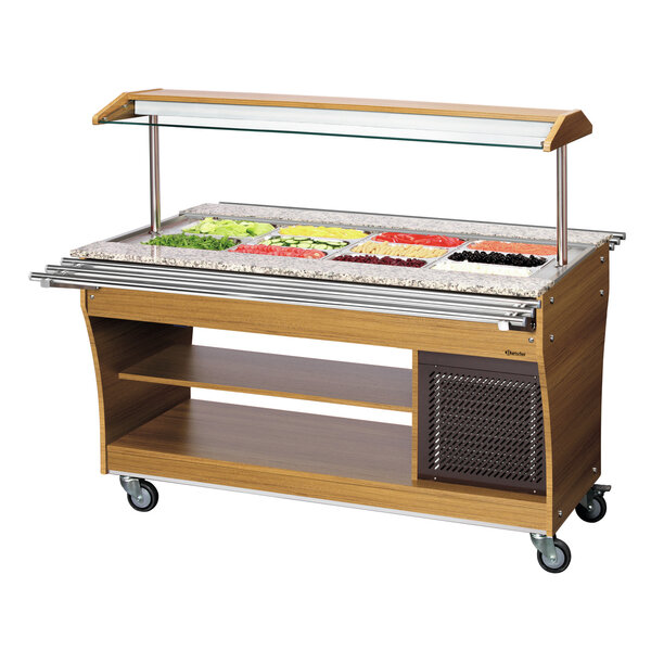 Koude Buffetwagen | 4x1/1 GN | 2-10°C | Statische Koeling | 507W | 230V | Teakhout Met Granieten Werkblad