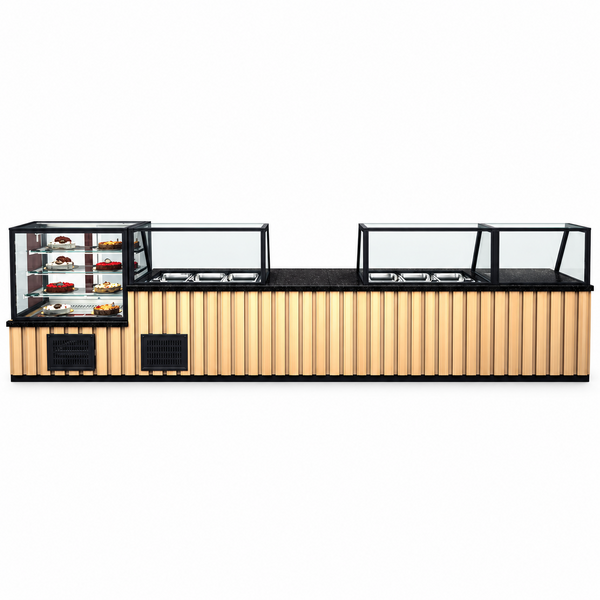 Complete lijn | Bain marie | Saladette | Neutrale vitrine | Koelvitrine | Kassa unit