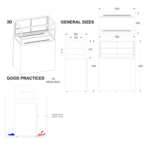 Neutrale Vitrine | INTEGRA | Wit/Zwart | 3 Niveaus | Zelfbediening | Wielen (Geremd) | 1000x600x1400(h)mm