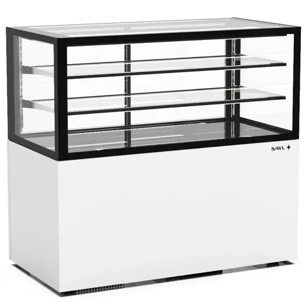 Neutrale Vitrine | INTEGRA | Wit/Zwart | 3 Niveaus | Wielen (Geremd) | 1200x600x1100(h)mm