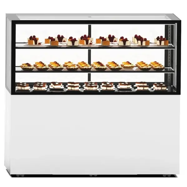 Neutrale Vitrine | INTEGRA | Wit/Zwart | 3 Niveaus | Wielen (Geremd) | 1200x600x1100(h)mm