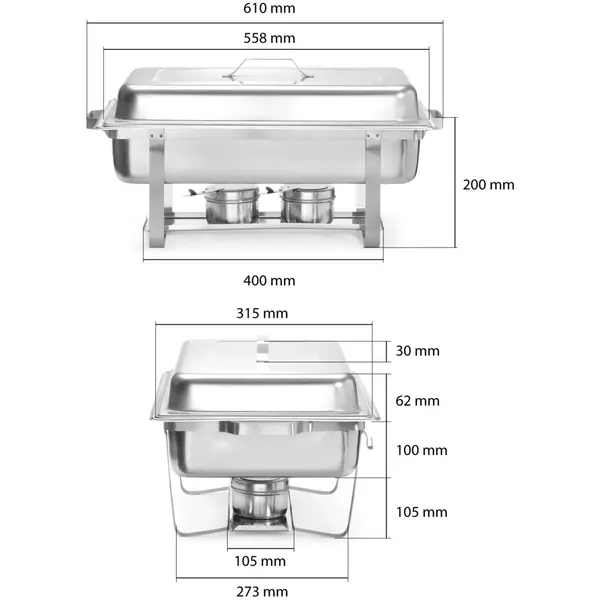 Set Chafing Dishes | RVS | 1/1 GN (8.5L) | 4 Stuks | 610x355x297(h)mm