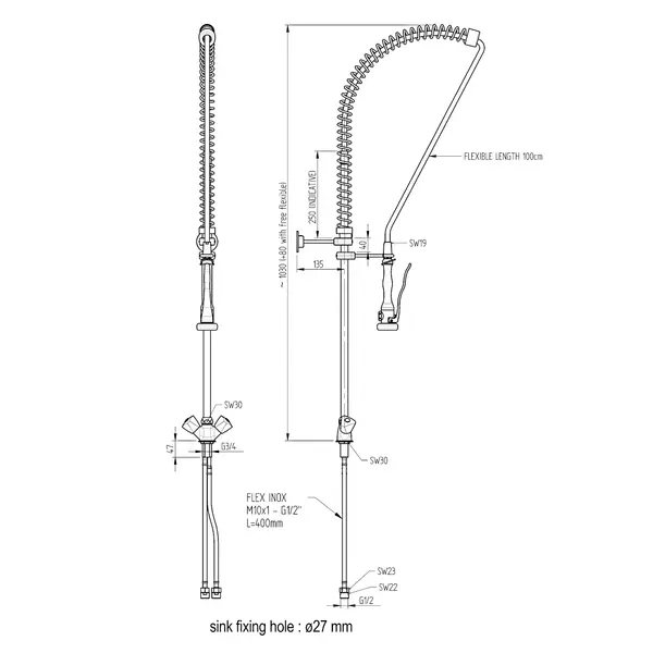 Voorspoeldouche | Handdouche | Mengkraan | 1-Gats | 1110(h)mm