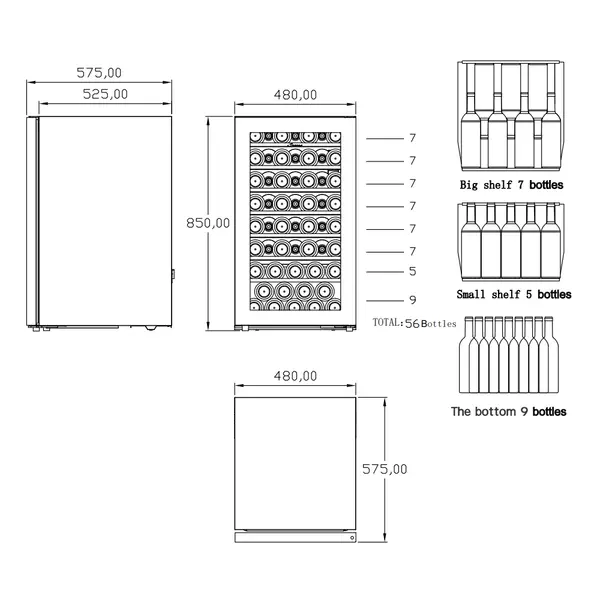 Wijnkoelkast | 130L (56x 75cl) | Zwart | 1 Zone | +5°C/+20°C | Statisch + Ventilator | 480x575x850(h)mm