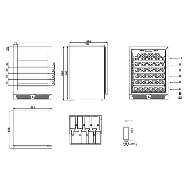 Wijnkoelkast | 145L (52x 75cl) | Zwart | 1 Zone | +5°C/+20°C | Geforceerd | Inbouwbaar | 595x575x820(h)mm