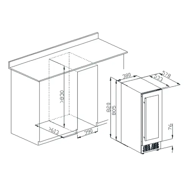 Wijnkoelkast | 85L (31x 75cl) | Zwart | 1 Zone | +5°C/+20°C | Geforceerd | Inbouwbaar | 380x575x820(h)mm
