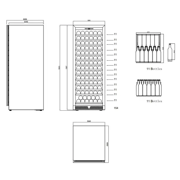 Wijnkoelkast | 375L (154x 75cl) | Zwart | 1 Zone | +5°C/+20°C | Geforceerd | Inbouwbaar | 595x689x1600(h)mm