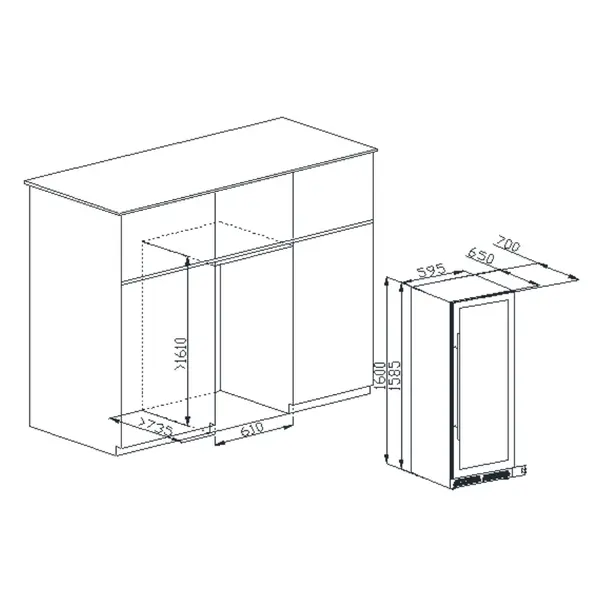 Wijnkoelkast | 375L (154x 75cl) | Zwart | 1 Zone | +5°C/+20°C | Geforceerd | Inbouwbaar | 595x689x1600(h)mm