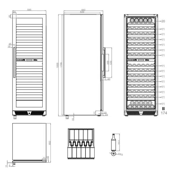Wijnkoelkast | 425L (165x 75cl) | Zwart | 2 Zones | +5°C/+20°C | Geforceerd | Inbouwbaar | 595x692x1800(h)mm