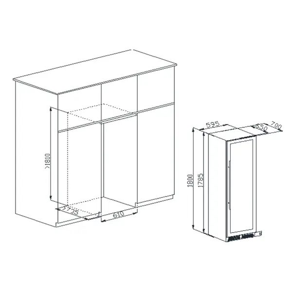 Wijnkoelkast | 425L (165x 75cl) | Zwart | 2 Zones | +5°C/+20°C | Geforceerd | Inbouwbaar | 595x692x1800(h)mm
