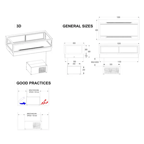 Drop-In Koelvitrine | INTEGRA | Zwart | +2°C/+6°C | Geforceerd | 1 Niveau | Touchscreen | Losse Koelunit (Inbouw) | 1200x600x380/495(h)mm