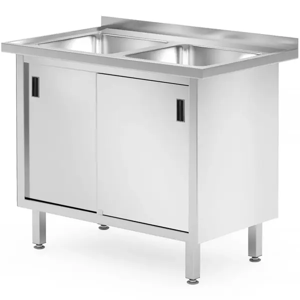 Spoeltafel | ProfiLine | RVS | 2 Spoelbakken (Midden) | Schuifdeuren | Achteropstand | Gelaste Constructie | 1000x600x845/915(h)mm
