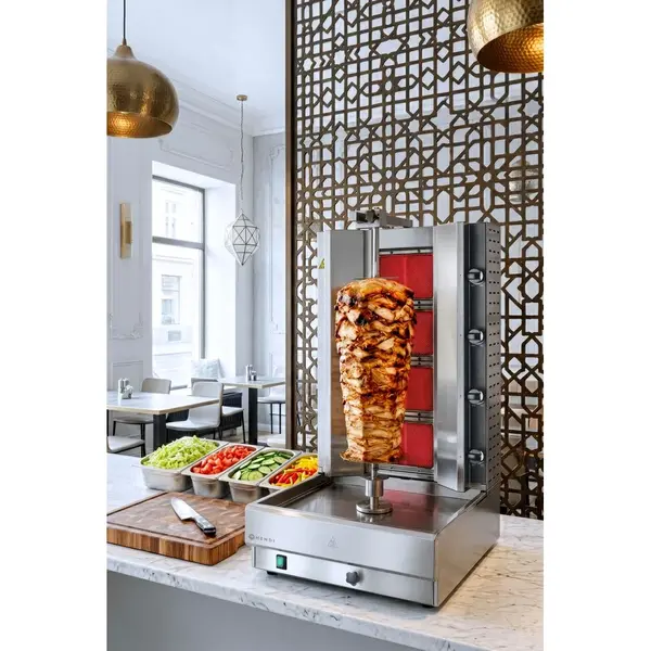 Dönergrill | Gas | 4 Branders | 11.2kW/13.2kW (4x 2.8kW/4x 3.3kW) | Max. 40kg | Rotatiemotor Onder | 537x639x1013(h)mm
