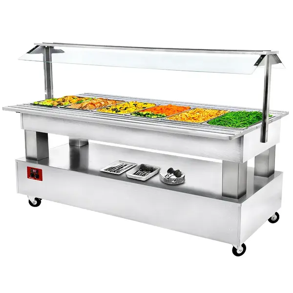 Verwarmd Buffet | GOURMET LINE | Hout/RVS | 6x 1/1 GN | 20°C/90°C | Bain-Marie | Verlichte Kap | Wielen (Geremd) | 2092x950x1370(h)mm
