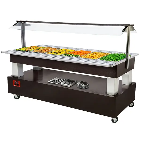 Verwarmd Buffet | GOURMET LINE | Hout/RVS | 6x 1/1 GN | 20°C/90°C | Bain-Marie | Verlichte Kap | Wielen (Geremd) | 2092x950x1370(h)mm